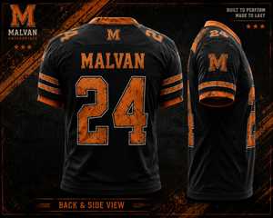 Maillot de football américain personnalisé Malvan Enterprises, unisexe, noir et orange, col baseball, manches courtes, imprimé par transfert thermique - Product Image 2