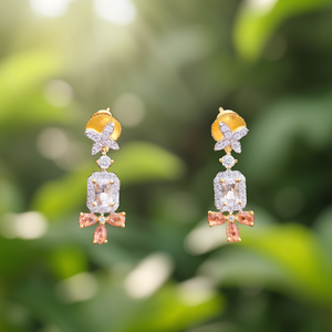 Golden Stone Floral Stud Earrings with Zircon Pearl & Diamond Accents - Product Image 2