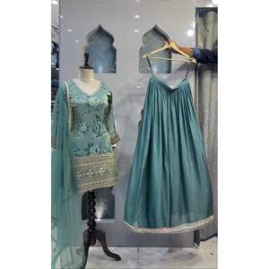 RICH LOOK CHINON BRODERIE SEQUENCE TRAVAIL TOP PALAZZO AVEC DUPATTA SKY - Product Image 1