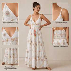 Women Boho Embroidered Cotton Maxi <b>Dress</b> – Sleeveless Smocked Waist Tiered Long <b>Dress</b> with Tassel Detail - Product Image 6