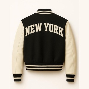 Veste en cuir et laine Avirex Varsity noire et crème avec patch drapeau américain, style vintage, veste bomber - Product Image 1