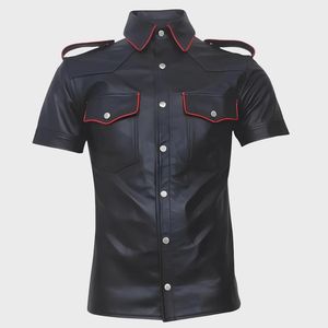 เสื้อเชิ้ตหนังเทียมแขนสั้นสีดำสำหรับผู้ชาย แต่งขอบสีแดง มีกระเป๋าหน้าอก สไตล์นักขี่มอเตอร์ไซค์ - Product Image 3
