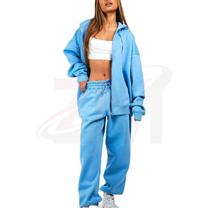 Women Blue <b>Tracksuit</b> Hooded Zipper Full Sleeve Sweatshirt Jogger Pants Solid Color Casual Loose Fit Spring Wear - Product Image 1