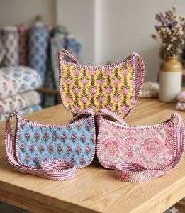 Assorted Premium Block Printed Floral Print Women Hand Bag <b>Quilted</b> Cotton Zipper Closure Pillow Shape Wholesale Gifting Purpose - Product Image 2