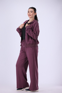 <b>Women's</b> <b>Purple</b> Hooded <b>Tracksuit</b> Full Zipper Loose Fit Solid Color Casual Sweatshirt And Pants Set Autumn Wear - Product Image 2