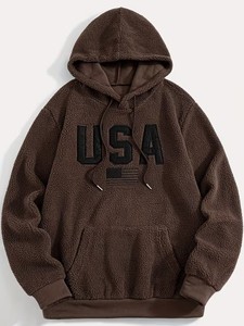<b>Mens</b> Brown Teddy <b>Sherpa</b> Hoodie USA Flag Patch Embroidery Oversized Streetwear Fluffy <b>Fleece</b> Hooded Sweatshirt Warm Hoodie - Product Image 1