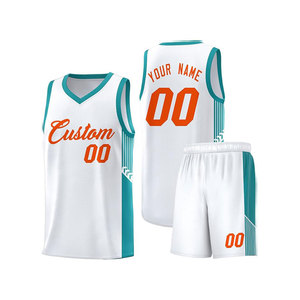 Conjunto de Uniforme de Baloncesto Personalizado, Blanco, Verde Azulado y Naranja, Cuello en V, Sin Mangas, Malla Sublimada, Unisex, Adulto, Todas las Temporadas, Número 00 - Product Image 1