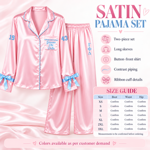 Ensemble de pyjama en satin pour femmes Gamma Phi Delta, manches longues, boutonné, brodé, deux pièces, rose avec bordure bleue, ensemble de détente - Product Image 6
