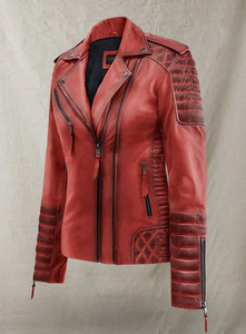 Chaqueta de Motociclista Personalizada para Mujer, Color Rojo Quemado, Chaqueta de Moto de Piel de Cordero Genuina y Suave - Product Image 4