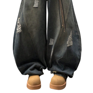 Mens Black Washed Distressed Wide Leg <b>Baggy</b> <b>Jeans</b> <b>Low</b> <b>Waist</b> Loose Fit Casual Streetwear Denim Pants Ripped Breathable Midweight - Product Image 5