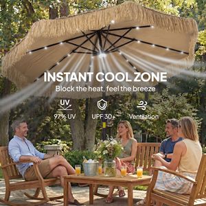 Ombrellone da Patio Tiki in Paglia Khaki da 2,7 m con Luce Solare a LED, Manovella e Inclinazione, Protezione UPF30+ per Esterni, Cortili e Ristoranti - Product Image 6