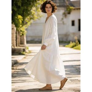 Robe longue décontractée élégante pour femme, couleur unie noire, style bohème, col en V profond, manches ballon, coupe ample - Product Image 3