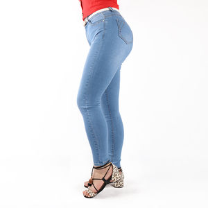 Nuevos Pantalones Vaqueros de Mezclilla Azul Elásticos de Talle Medio para Mujer, de Alta Calidad, Tejidos, Oversize, con Efecto Desgastado, Tallas Grandes, con Logotipo Personalizado - Product Image 4