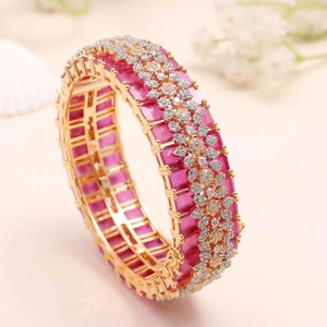 Luxury Women's 18K Gold Plated Ruby Bangle <b>Bracelet</b> With Diamond Flower Design For Wedding Ethnic Jewelry - Product Image 1