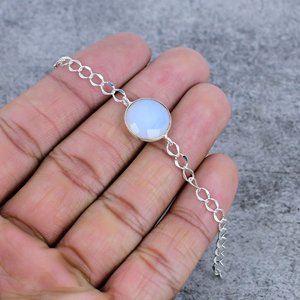 Opalite Round Shape Gemstone 925 Sterling <b>Silver</b> Plated Handmade Bezel Connector <b>Bracelet</b> For Party And Everyday Wear - Product Image 1
