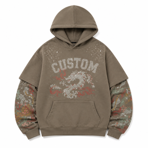 Sudadera con capucha de estilo premium con pedrería de dragón, lavada, oversize para hombre, con mangas superpuestas, gráfico personalizado, de tejido grueso, tipo jersey, proveedor - Product Image 2