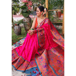 Sari en soie Paithani original Shilpa Raman, tissé avec des fils Zari, en rose Muniya, vêtements indiens et pakistanais, 0,65 g, par Elite Weaves - Product Image 6