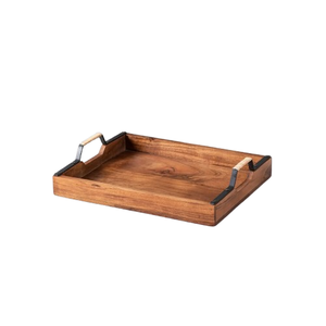 Plateau de service moderne en bois de sheesham massif avec poignées métalliques, finition noyer, plateau décoratif en bois pour table basse - Product Image 5