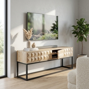 Dice Low Tv Cabinet And Sideboard Modern Solid Wood Media <b>Console</b> With 3D Geometric Carved Drawers And Metal Frame Furniture - Product Image 2