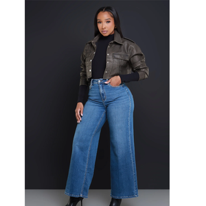 Women's PU <b>Leather</b> Moto Jacket Stand Collar Full Sleeve <b>Short</b> Cropped Biker Style Solid Color Autumn Wear - Product Image 2