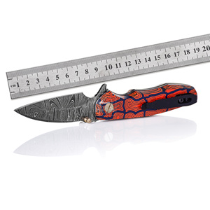 Couteau pliant en acier Damas personnalisé en gros, manche en Micarta à empreinte digitale, prix d'usine, couteau de poche EDC, étui en cuir, vente en gros - Product Image 3