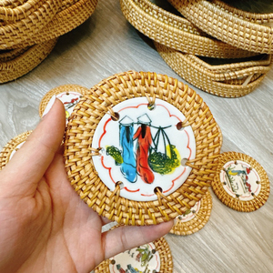 Ensemble de sous-verres en céramique et rotin faits à la main, résistants à la chaleur, écologiques, vaisselle TUYET DUNG, décoration florale classique, cadeau de fête - Product Image 4