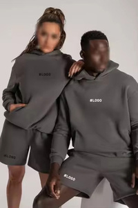 Conjunto de Sudadera con Capucha y Pantalones Cortos para Hombre, Gris, 100% Algodón, Felpa Transpirable, Estilo Casual Urbano, Logotipo Estampado en la Parte Delantera, Lavado Ácido, Ropa de Primavera - Product Image 4