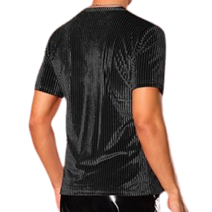 Camiseta de Terciopelo Negro con Textura Vertical Acanalada para Hombre, Manga Corta, de Alta Calidad, Transpirable, con Spandex y Poliéster - Product Image 3