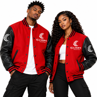 Veste universitaire unisexe rouge et noir à blocs de couleur, manches en cuir PU, boutons-pression, style baseball, coupe-vent