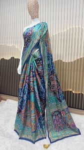 Designer Printed 100% Cotton Embroidery <b>Gold</b> Zari & Real Hand Mirror Diamond Work Chinon Saree Formal <b>Blouse</b> - Product Image 3