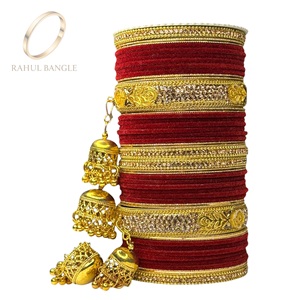 Premium Red Bridal Velvet Trending Gold Plated <b>Bangle</b> Set Premium Stone Work Golden Jhumki Kalire for Wedding Wholesale Price - Product Image 1