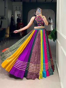 Designer Printed Design With Gota Patti Detailing And Mirror Work Rayon Navratri Special Lehenga Choli Ready To Wear <b>Set</b> - Product Image 3