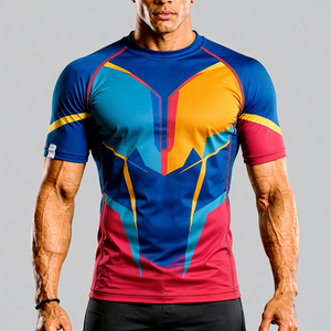 Men's Red <b>Black</b> Geometric <b>Compression</b> <b>Shirt</b> Short Sleeve Quick Dry Polyester Rash Guard Top - Product Image 5
