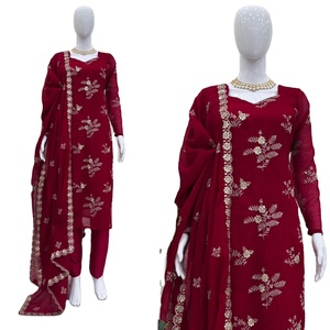 Salwar Kameez indien et pakistanais moderne et magnifique pour les fêtes et les mariages, dupatta orné, travail de séquence de fils, soie croquante - Product Image 1