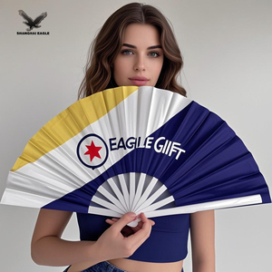 Ventilador de mano de impresión de madera con mango blanco español personalizado de alta calidad - Product Image 3