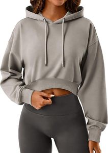 Oversized Hooded Cropped Sweatshirt Solid Color <b>Drop</b> Shoulder Full Sleeve Autumn Women's Plus Size Top - Product Image 5