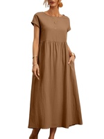 Frauen Vintage Solid Kleid Sommer Elegant O-Ausschnitt Kurzarm Baumwolle Leinen Kleider Weiblich Lässig Lose Sommerkleid Langes Kleid