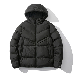 Chaqueta Acolchada Negra con Capucha para Hombre, Cierre de Cremallera, Resistente al Viento, Informal, de Invierno, Color Sólido, Relleno Grueso de Poliéster, Largo Regular - Product Image 1