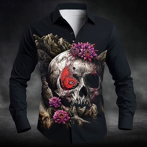 Chemise à imprimé floral pour hommes, chemise boutonnée à manches longues, style gothique foncé, streetwear, imprimé 3D, coupe slim, été - Product Image 6