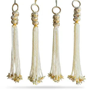 Attaches de rideaux en perles glamour avec pompons et perles florales, 4 pièces, décoration intérieure, décoration murale pour salon - Product Image 4