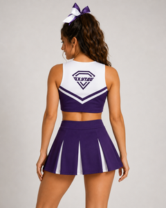 Ensemble d'uniformes de cheerleading OXYTAG, violet et blanc, haut court à col en V, jupe plissée avec logo sur le devant, kit pour femmes adultes, vente en gros OEM - Product Image 5