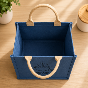 Bolsa de Almuerzo Azul de Yute, Ecológica, Duradera, Espaciosa, Ligera, para Oficina, con Estampado 'Good Food Good Life' - Product Image 6