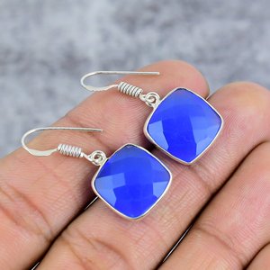 925 <b>Sterling</b> <b>Silver</b> Women Blue Chalcedony Cushion Cut Gemstone Bezel <b>Silver</b> Drop Earrings Trendy Engagement Party Gift Everyday - Product Image 3