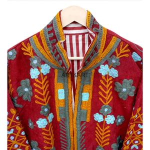 Red <b>Corduroy</b> Mandarin Collar Quilted <b>Jacket</b> Hand Embroidered Floral Pattern Full Sleeve Women's Autumn Eco-Friendly Breathable - Product Image 5