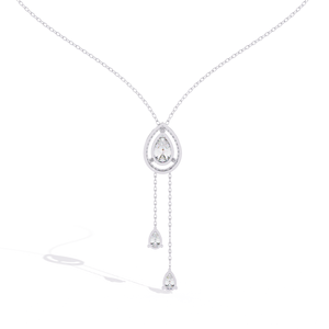 10K 14K 18K White Gold Lariat Necklace Featuring a Teardrop Halo <b>Frame</b> and Shimmering Pear Cut Lab Grown Diamond Dangle Charms - Product Image 4