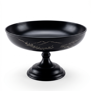 Bol en céramique noir élégant fait main, design oriental, avec support noir sculpté, plat de service pour cadeaux, vaisselle, bol de service - Product Image 1