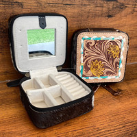 Boîte à bijoux en cuir usiné à la main Portable petit étui à bijoux pour femmes en peau de vache Mini organisateur de bijoux boîtes de rangement avec miroir