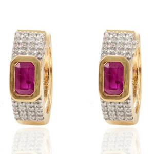 14K <b>Solid</b> <b>Gold</b> <b>Huggie</b> Hoop Earrings with Ruby and VS1 Diamond - Product Image 2
