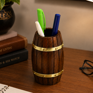 Porte-stylo artisanal en bois de rose indien |   Organisateur de bureau en bois en forme de tonneau à vin |   Support à stylos rustique pour bureau, décoration, cadeau - Product Image 3
