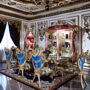 Ensemble de table à manger de style baroque européen de luxe en acajou massif avec accents dorés et bleus, table rectangulaire classique avec buffet - Product Image 2